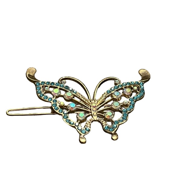 Elegant Gold and Blue Crystal Rhinestone Butterfly Hair Clip 3.0” - Picture 3 of 3